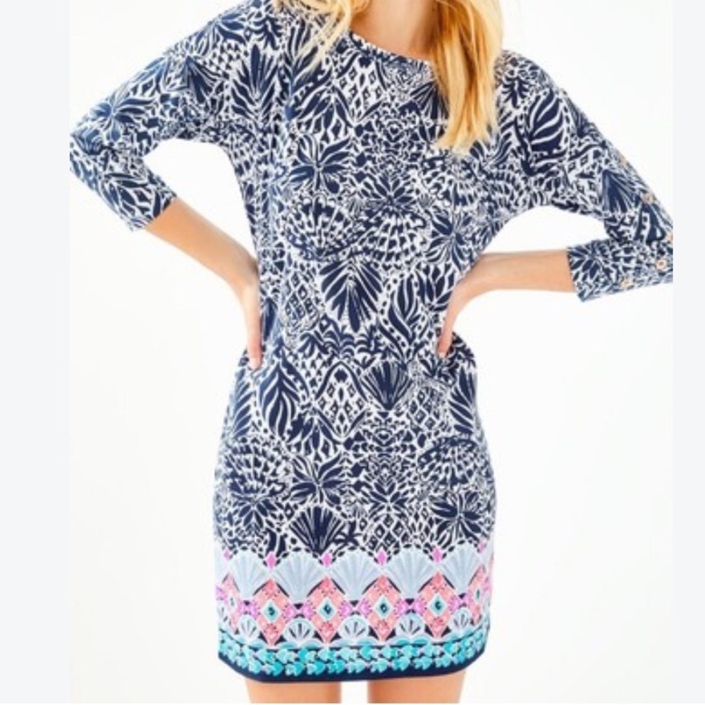 Lilly Pulitzer Navy White Tropical Shell Print Cotton Shift Dress Size M 0300